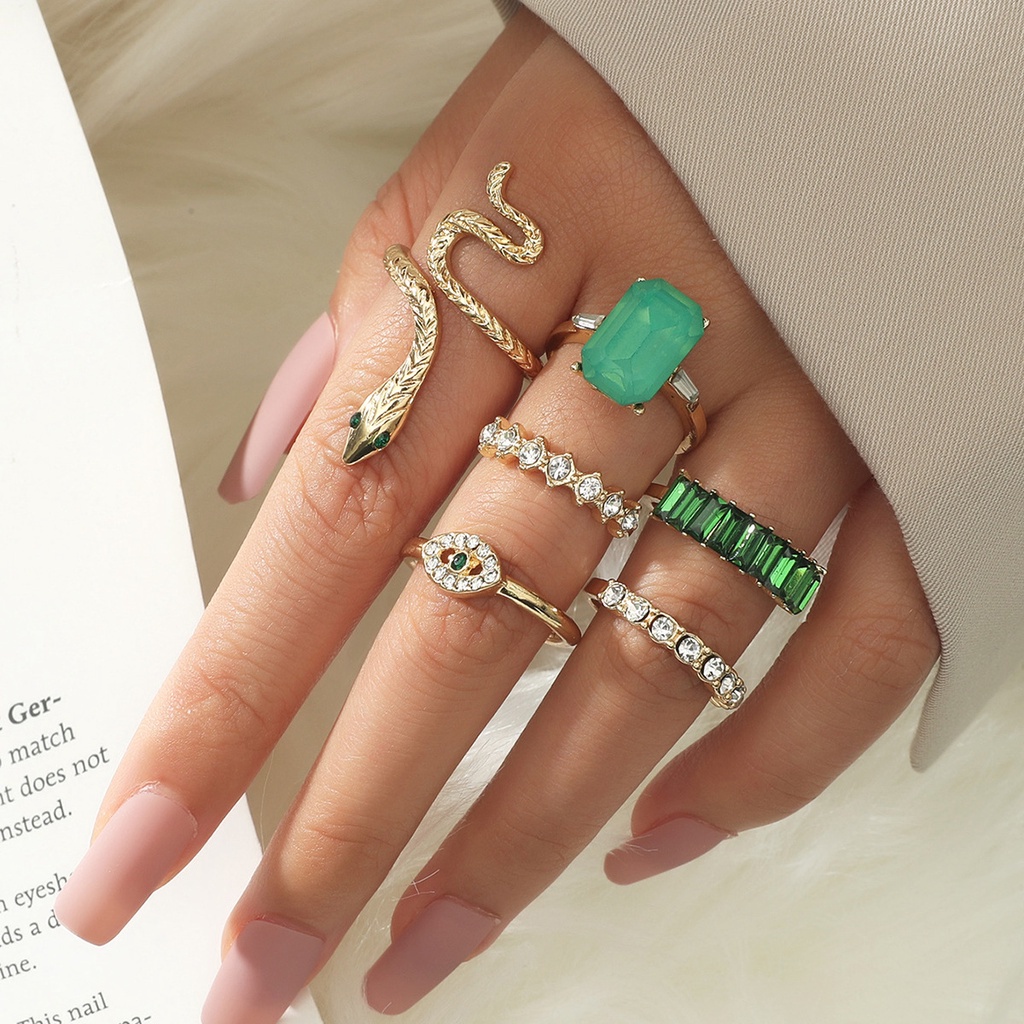 Set 6 Nhẫn Kim Cương Giả zircon Hình Rắn Màu Xanh Lá Thời Trang Phổ Biến Làm Quà Tặng Đám Cưới Cho Bạn Nữ
