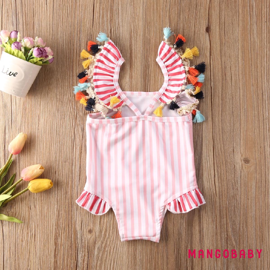 ♬MG♪-Baby Girls Striped Sleeveless Tassel Ruffle Cartoon Cute Mermaid Pattern Bathing Suit