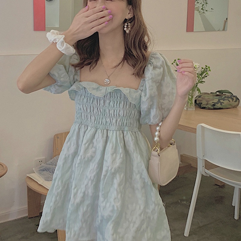 IELGY  Đầm Trễ Vai Tay Phồng Màu Trơn Mỏng Nhẹ Giảm Béo Thời Trang