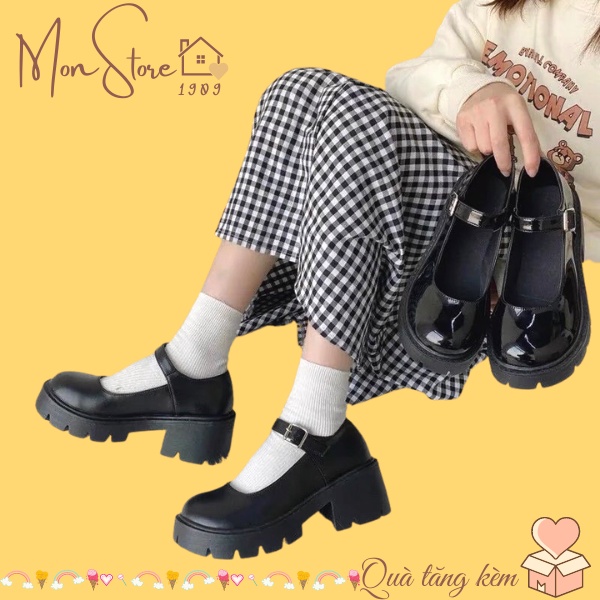 Giày Mary Jane Quai Cài, Giày Lolita Vintage Ulzzang Nữ Da Bóng Da Lì Phong Cách Hàn Quốc Cao 6cm
