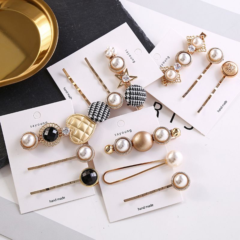 Set 3 Kẹp Tóc Hợp Kim Đính Ngọc Trai Giả Phong Cách Nhật Bản