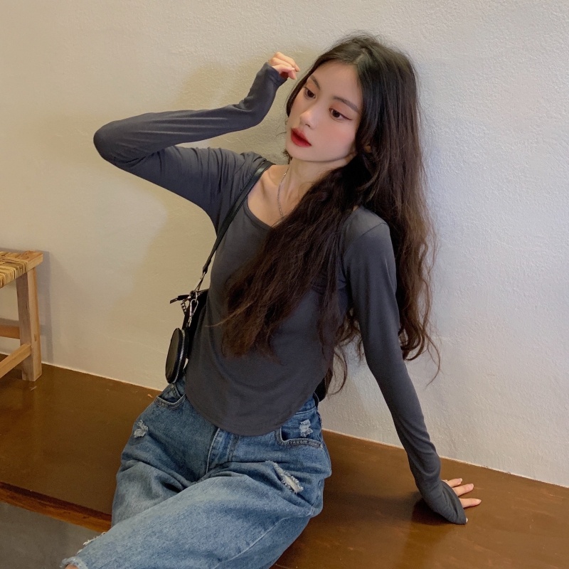 ZHELIHANGFEI Áo Thun Tay Dài Lưng Cao Dáng Ôm Quyến Rũ Cho Nữ