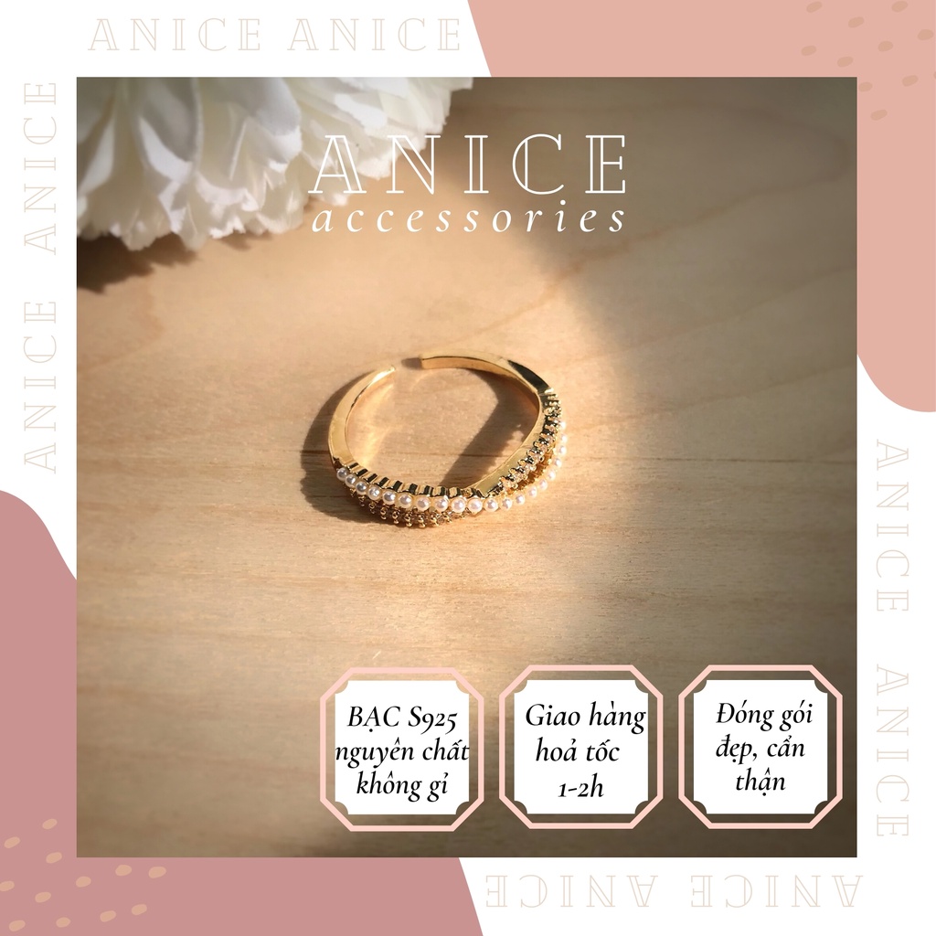 Nhẫn xoắn đính ngọc đẹp lung linh cho nữ, nhẫn đeo tay chất liệu bạc mạ vàng Anice Accessories
