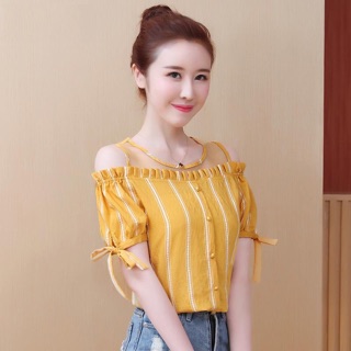 Sơ mi kẻ hở vai tay nơ cực xinh