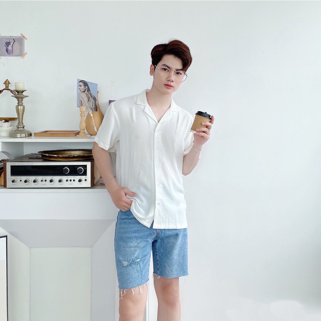 Áo Sơmi Ngắn Tay Cổ Vest Korea Local Brand H.E Cotton Đũi Co Giãn Mát Mịn Chống Nhăn - SM02