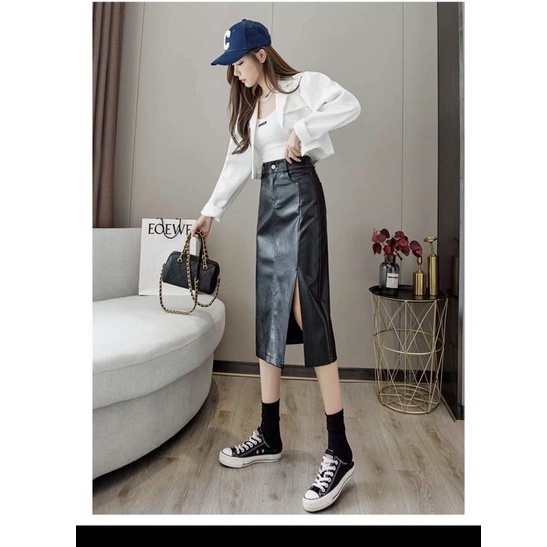 Chân váy da dài xẻ cạnh - Hàng quảng Châu L1
