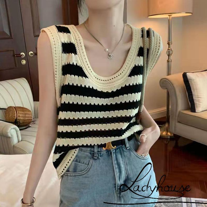 Áo Len Không Tay Họa Tiết Sọc Màu Sắc Tương Phản Thời Trang Cho Nữ