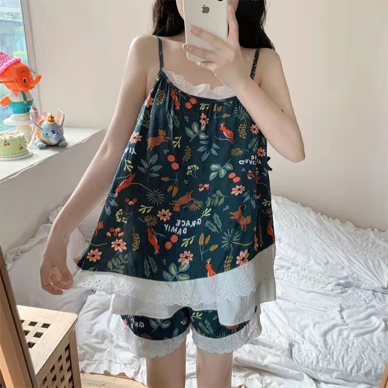 bộ ngủ mùa hè áo hai dây + quần short hoa nhí mát mẻ