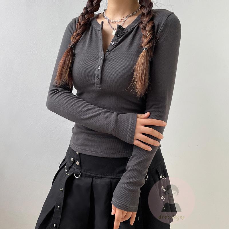 Áo Thun Dài Tay Ôm Dáng Màu Đen Phối Nút Thời Trang Cho Nữ