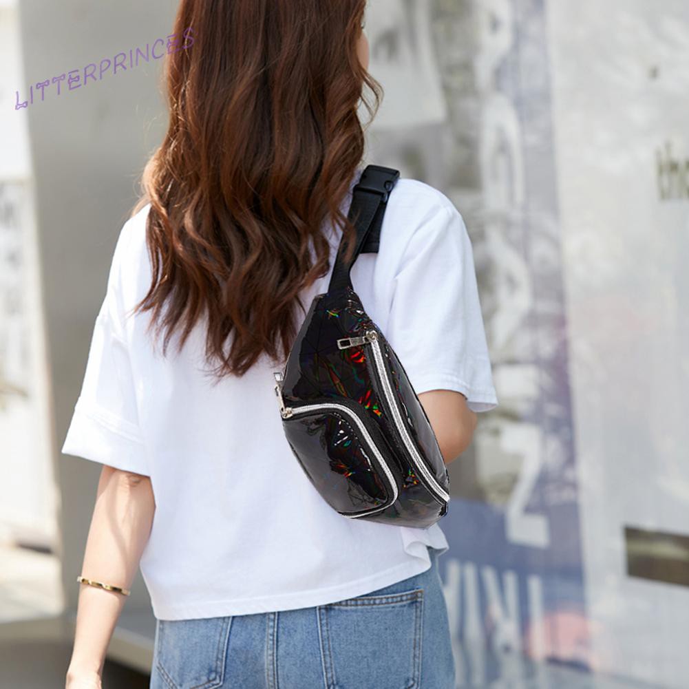 Litterprinces Fashion PU Laser Geometric Crossbody Bag Casual Women Purse Waist Packs