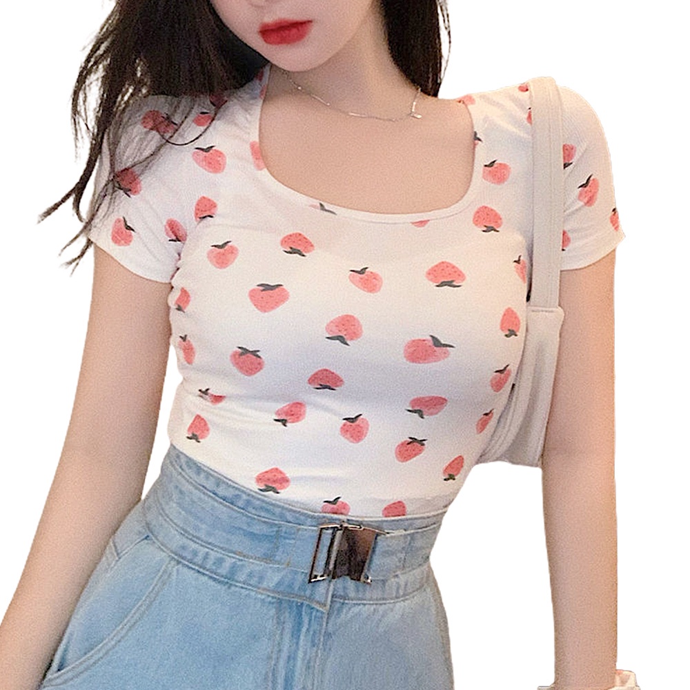 Áo thun tay ngắn cổ vuông dáng ôm in hình dâu tây dễ thương cho nữ