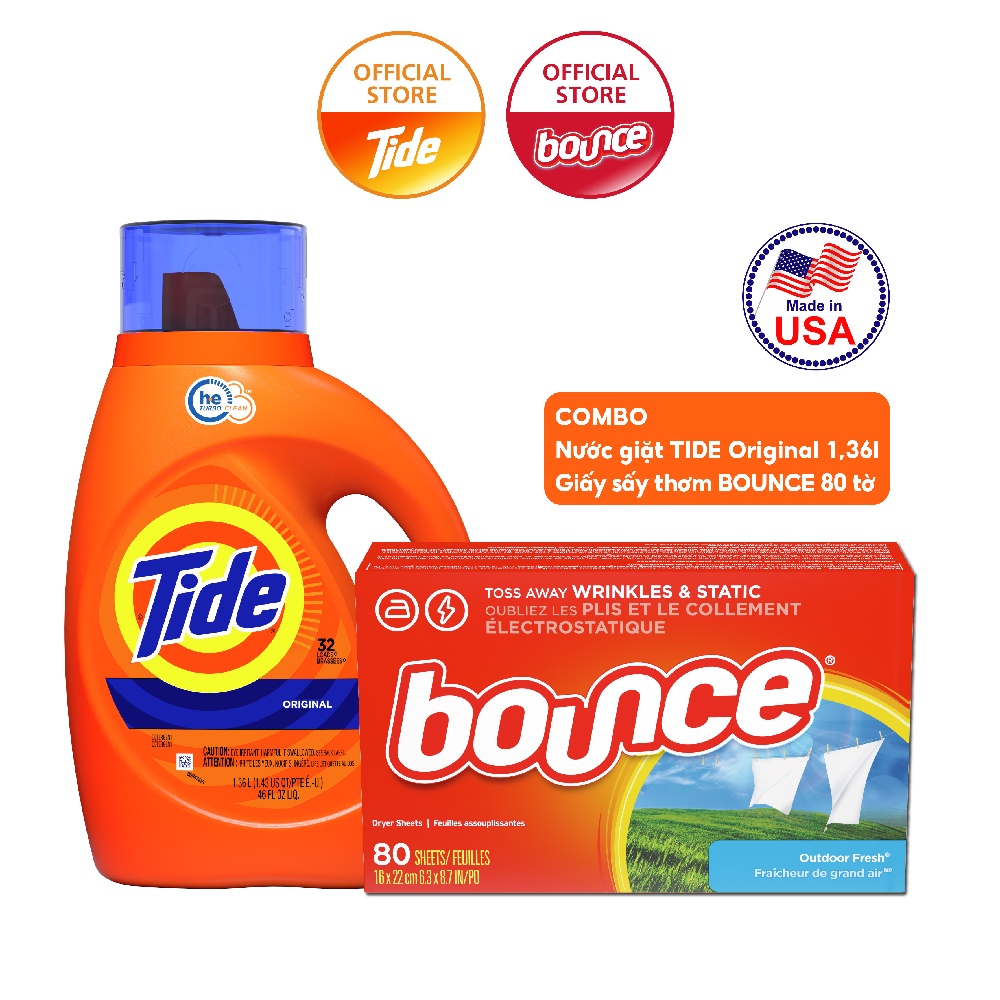 Bộ đôi Nước giặt Tide Original truyền thống 1.36 L và Giấy sấy thơm quần áo Bounce 80 tờ