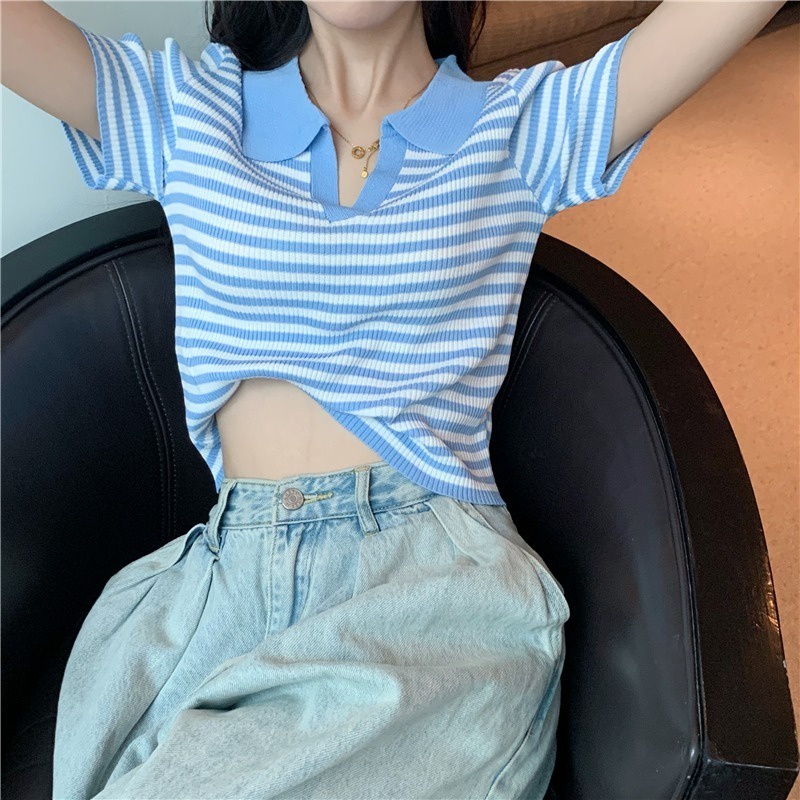 Áo Thun POLO Dệt Kim Ngắn Tay Họa Tiết Kẻ Sọc