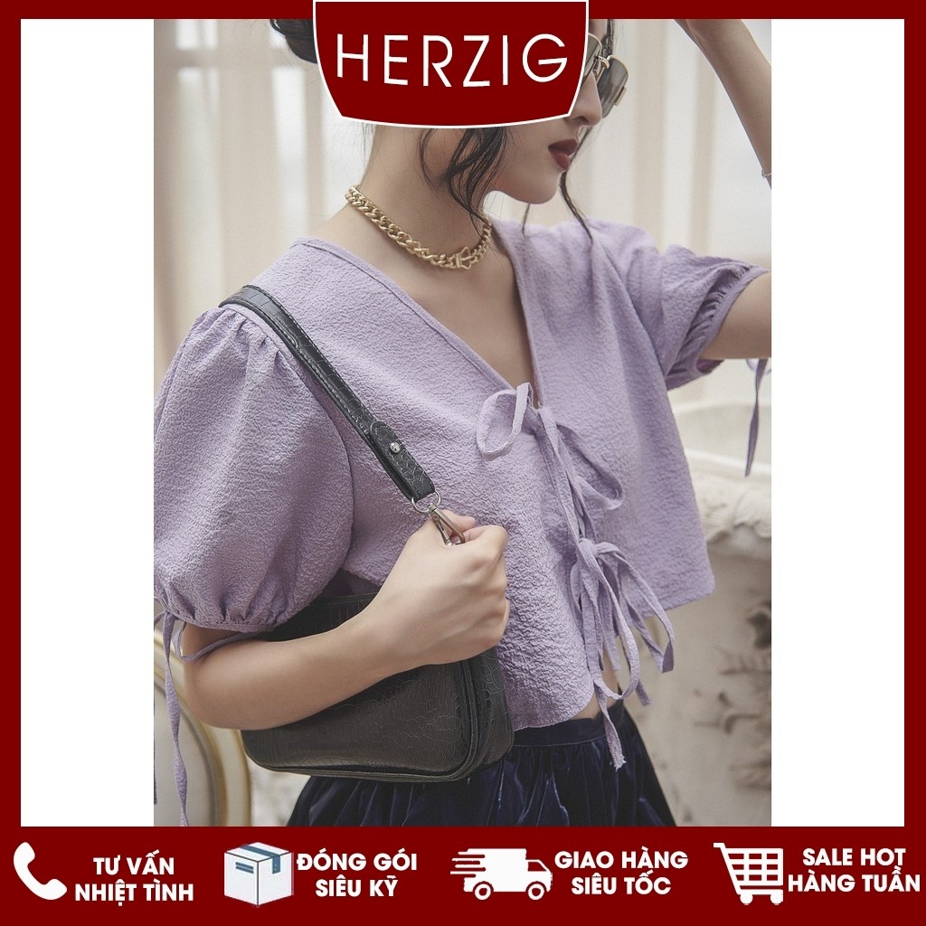 Áo croptop buộc nơ HERZIGMADE mặc 2 mặt chất thun sần Wana top - A2757