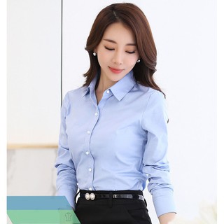 Áo sơ mi nữ công sở xuất dư màu xanh tay dài dáng suông