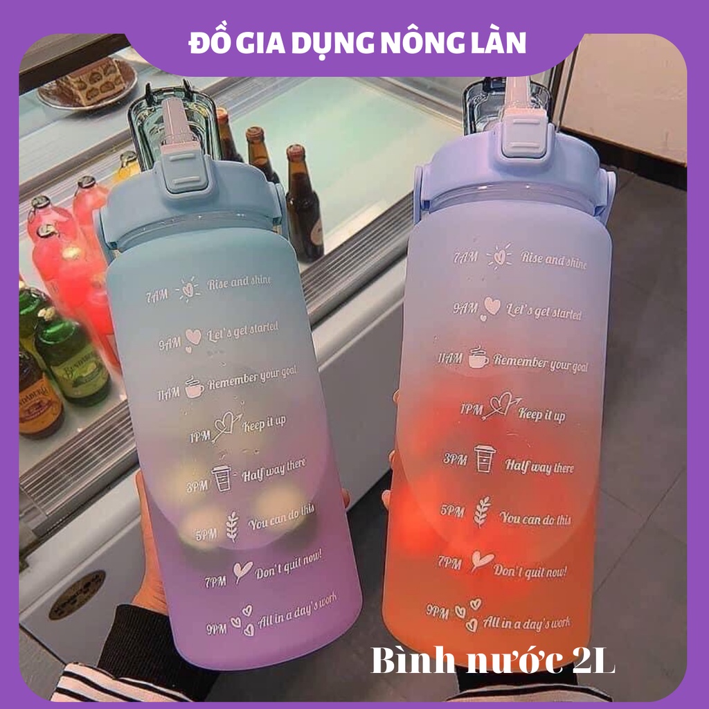 Bình nước 2 lít dành cho người lười uống nước bình nước cute 2L có ống hút, vạch chia nhắc giờ