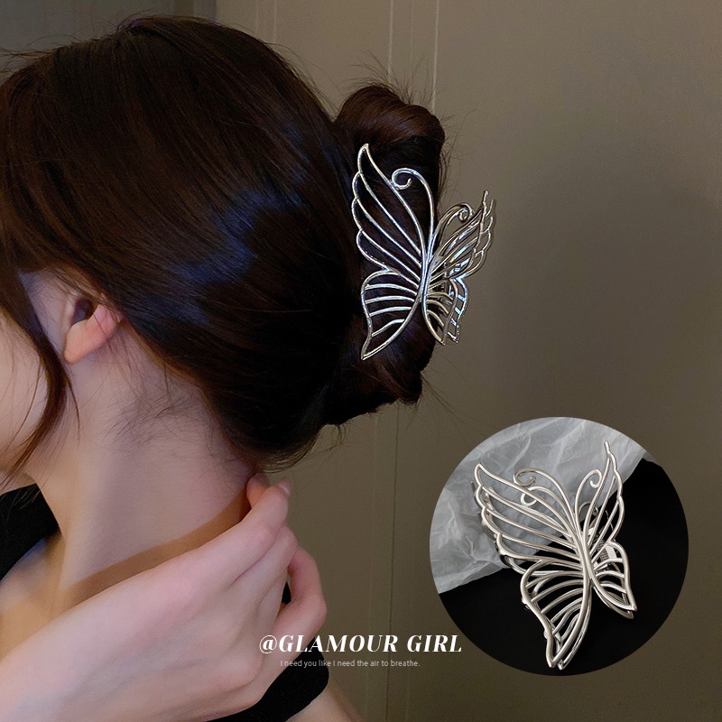 Kẹp Tóc Kim Loại Màu Bạc Hình Bướm Lưng Phong Cách Hàn Quốc
