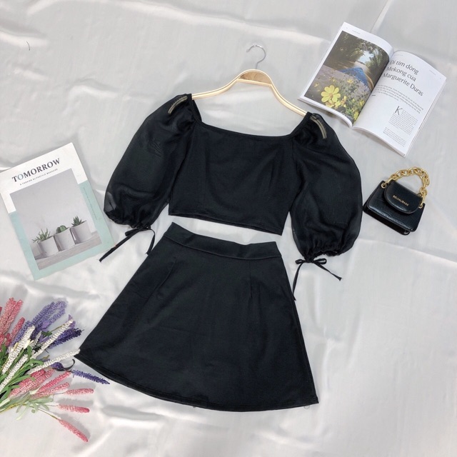 Set áo tay voan + chân váy thun basic
