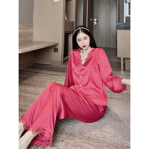 [Siêu hot] Đồ bộ pijama mặc nhà LỤA LATIN cổ V đắp ren tay dài phồng cao cấp chuẩn QCCC