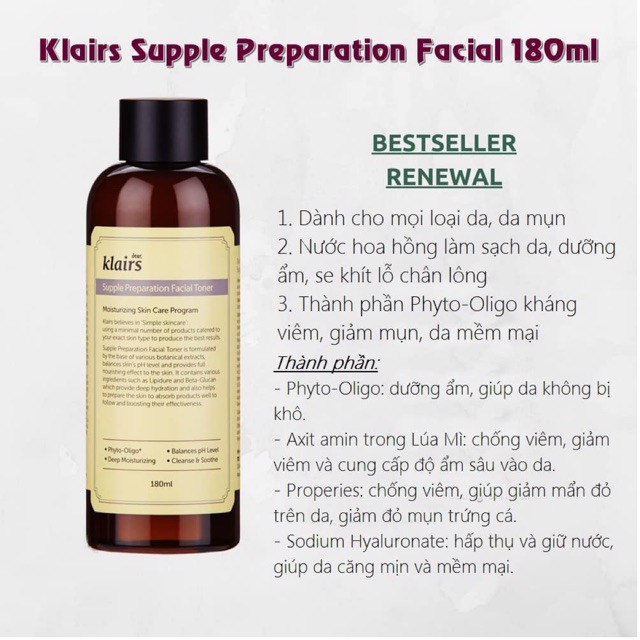 Nước hoa hồng Klairs Supple Preparation Unscented Toner | BigBuy360 - bigbuy360.vn