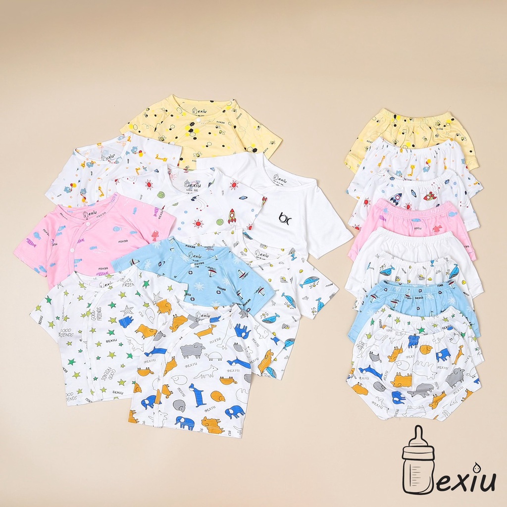 Bộ đồ tay ngắn cài lệch quần chip cho bé mặc tã  Bexiu Bx - Quần Áo Trẻ Sơ Sinh Thun Cotton Lạnh  Cho Bé Trai Và Gái