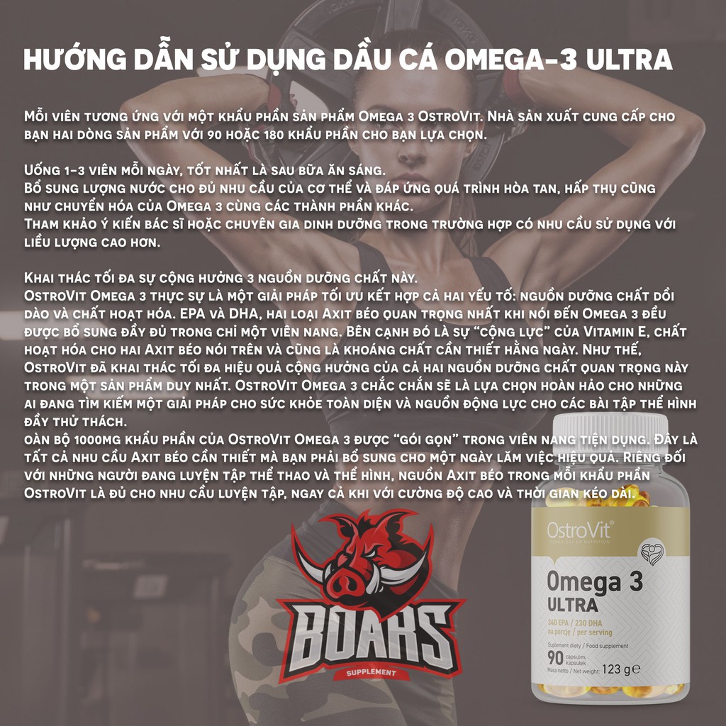 Dầu cá Ostrovit Omega-3 Ultra hàm lượng cao, kết hợp thêm vitamin E giúp tăng hiệu quả của omega3 trong fish oi