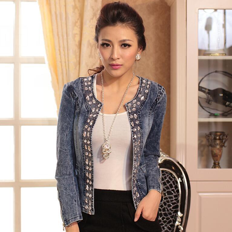 Fashion  Autumn Plus Size  Cropped denim Jacket for Women Casual Thin Long Sleeve Diamonds Slim Denim Short Jacket