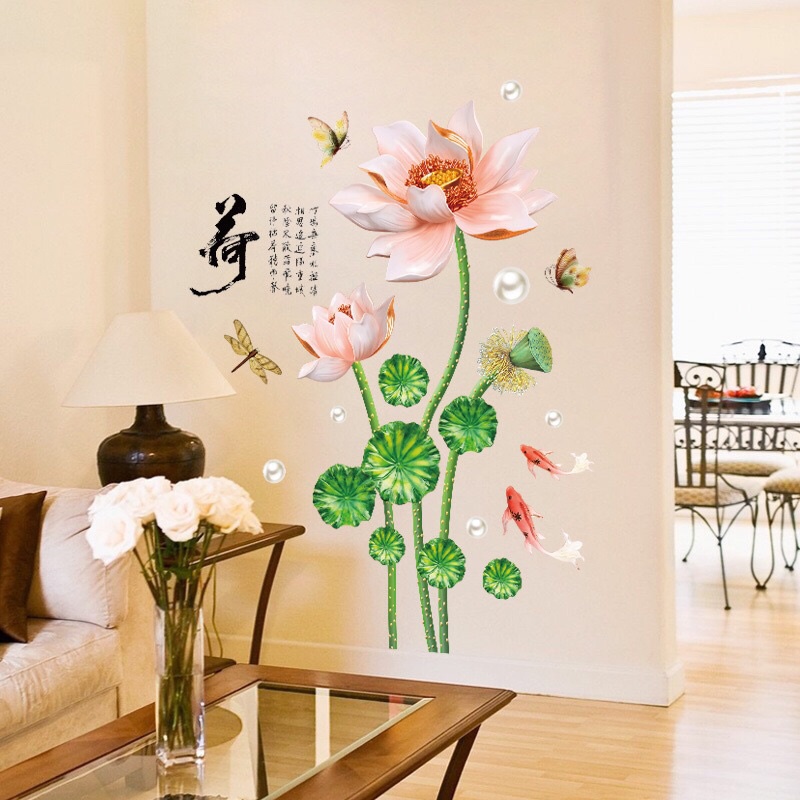 Decal dán tường, Tranh dán tường phòng khách hoa sen cánh to
