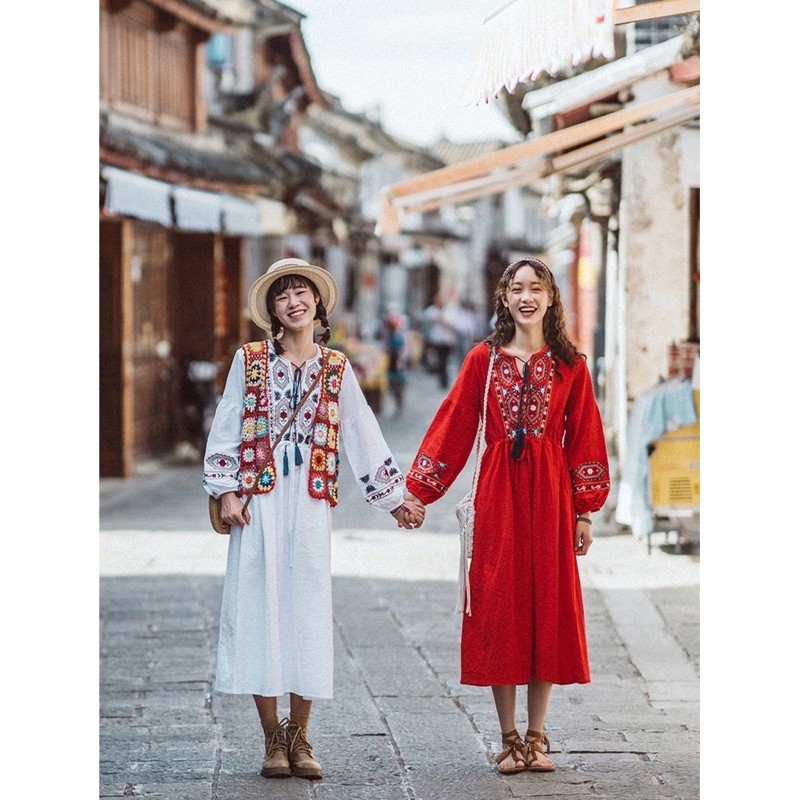Váy boho váy bohemian thổ cẩm thêu sắc nét có ảnh thật