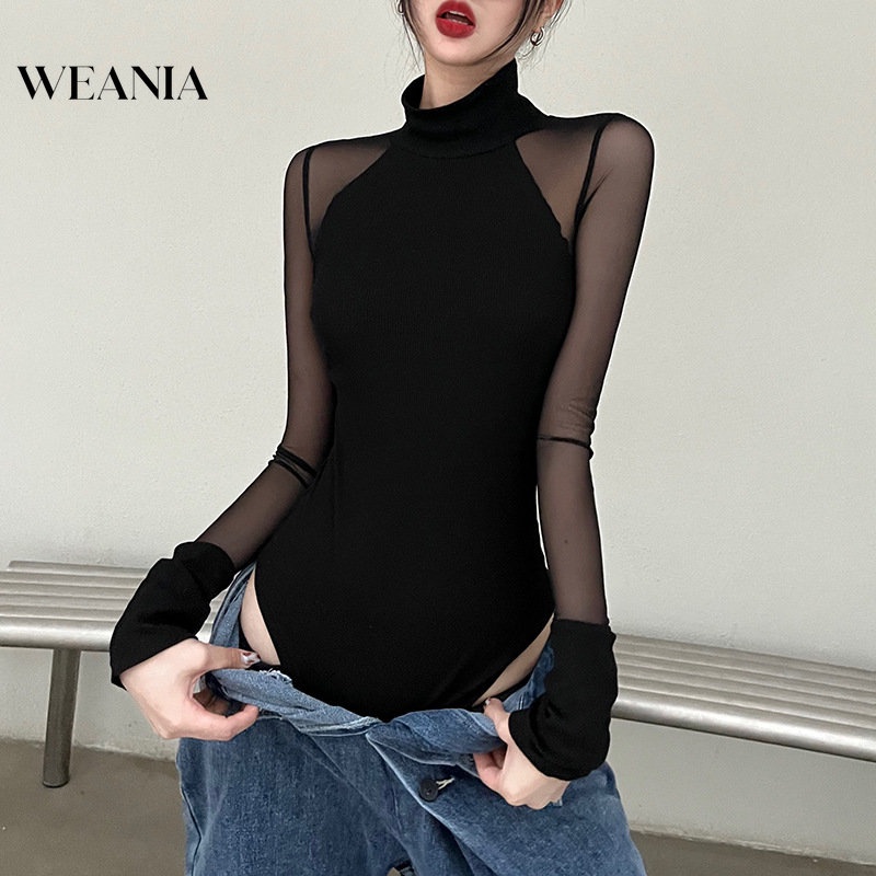Bộ Áo Liền Quần Tay Dài Cổ Cao Phối Lưới Dáng Ôm Gợi Cảm Cho Bạn Gái