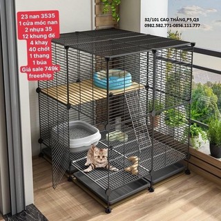 Chuồng chó mèo lắp ghép tấm lưới 2 tầng có cầu thang và khay vệ sinh tặng chốt búa dây rút gia cố chuồng