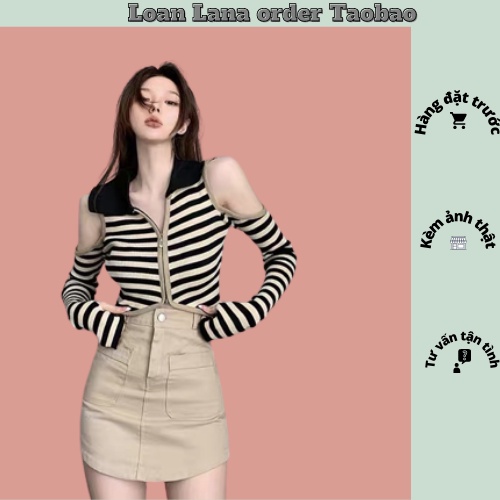 ÁO LEN POLO HỞ VAI DÀI TAY HOẠ TIẾT KẺ CHO NỮ