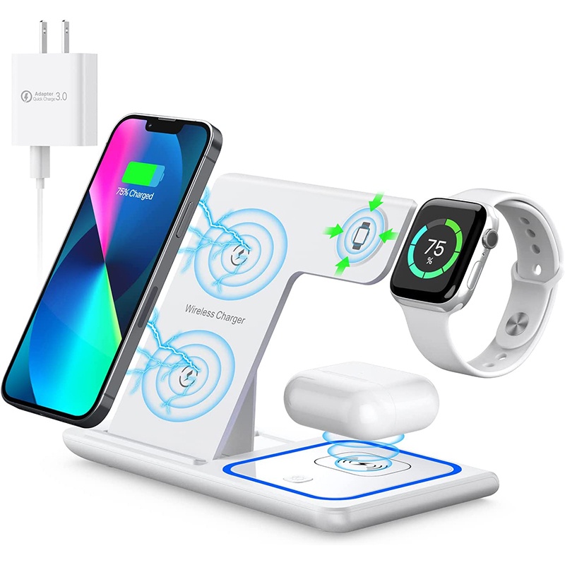 Đế Sạc Nhanh Không Dây 3 Trong 1 15W Cho iPhone13 / 12 / 11 / Pro / X / Max / XS / XR / 8 / Plus / Apple Watch7 / 6 / 5 / 4 / 3 / 2 / SE / Airpods 3 / 2 / Pro