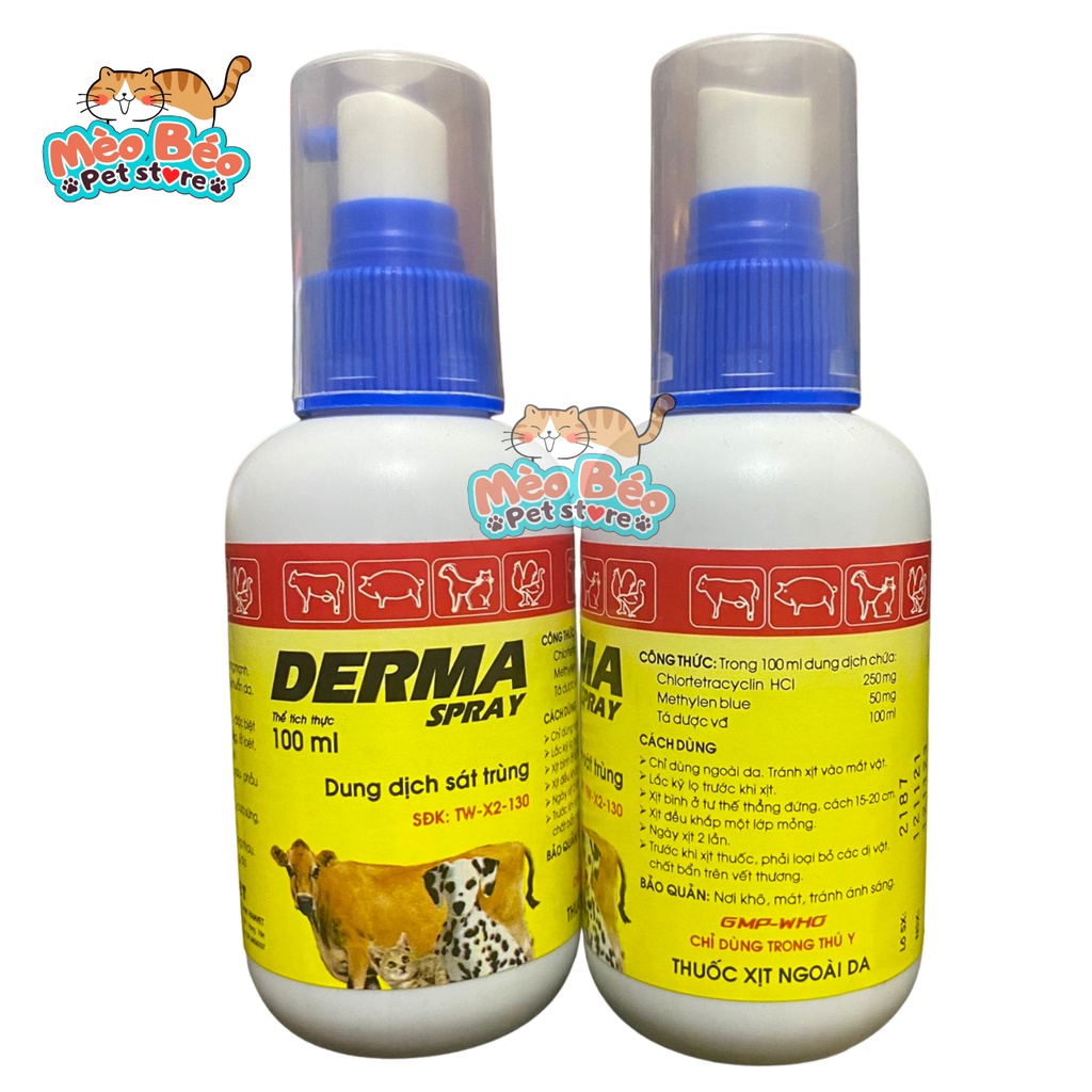 Chai xịt ghẻ ngứa viêm da lở loét chó mèo vật nuôi Derma Spray 100ml
