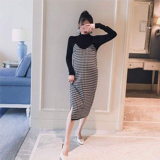 Đầm Bầu Thu Đông - Sét Yếm Len Kẻ Đen Trắng Cao Cấp