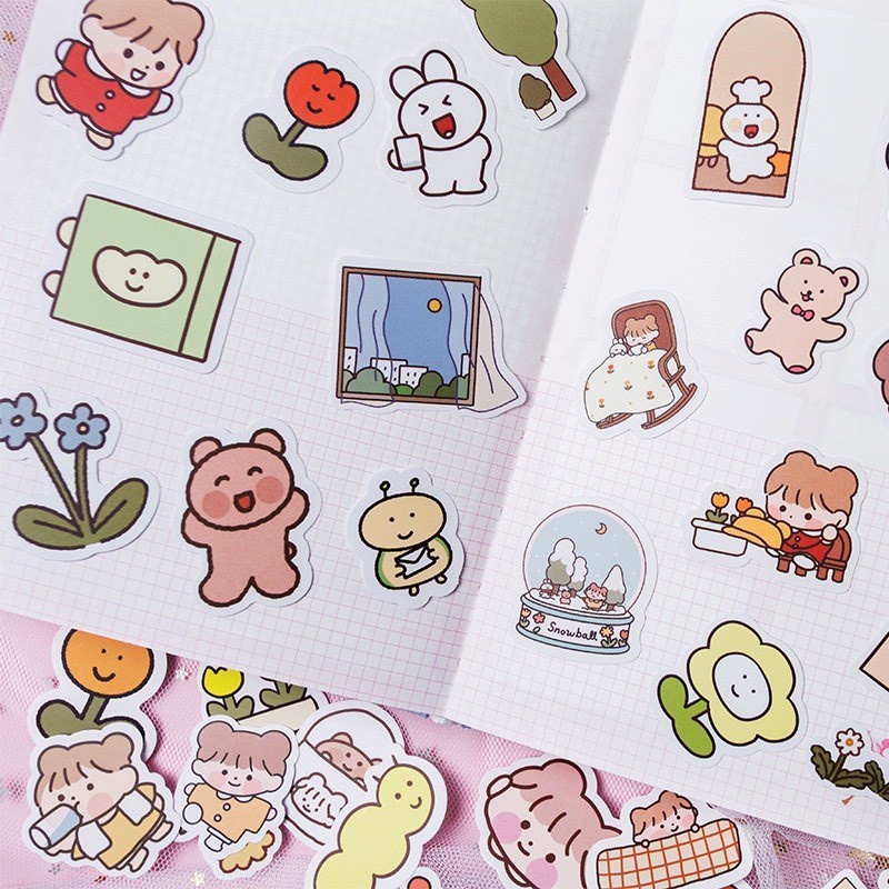 Sticker gói 50 miếng dán sổ, điện thoại mẫu bé gái trái đào, bé thỏ cute hoạt hình dễ thương