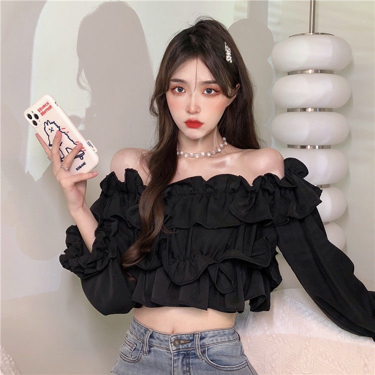 COZOKC COZOK Áo kiểu COZOK trễ vai tay dài phối bèo thiết kế quyến rũ thời trang cao cấp