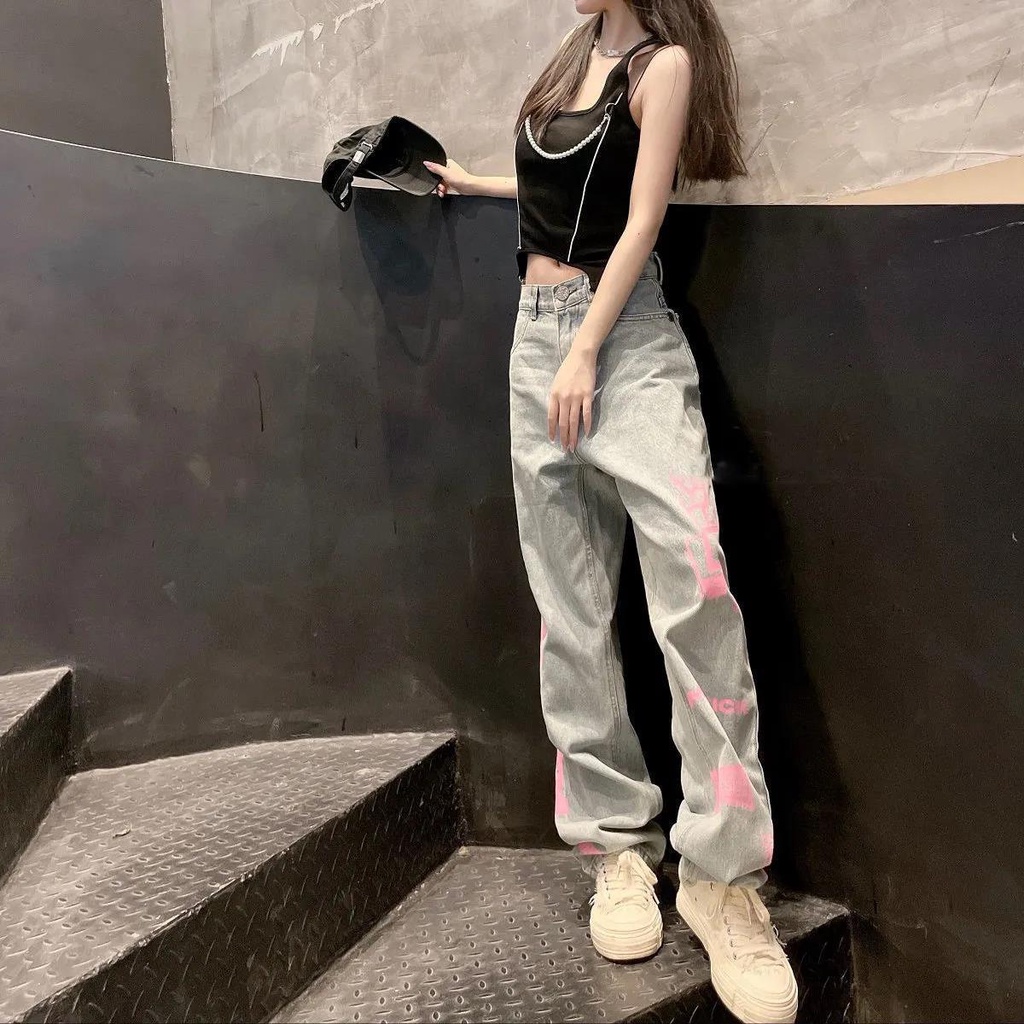 ✟✔Quần Jean Dáng Suông Ống Rộng In Họa Tiết Graffiti Phong Cách Đường Phố Cá Tính Cho Nữ
