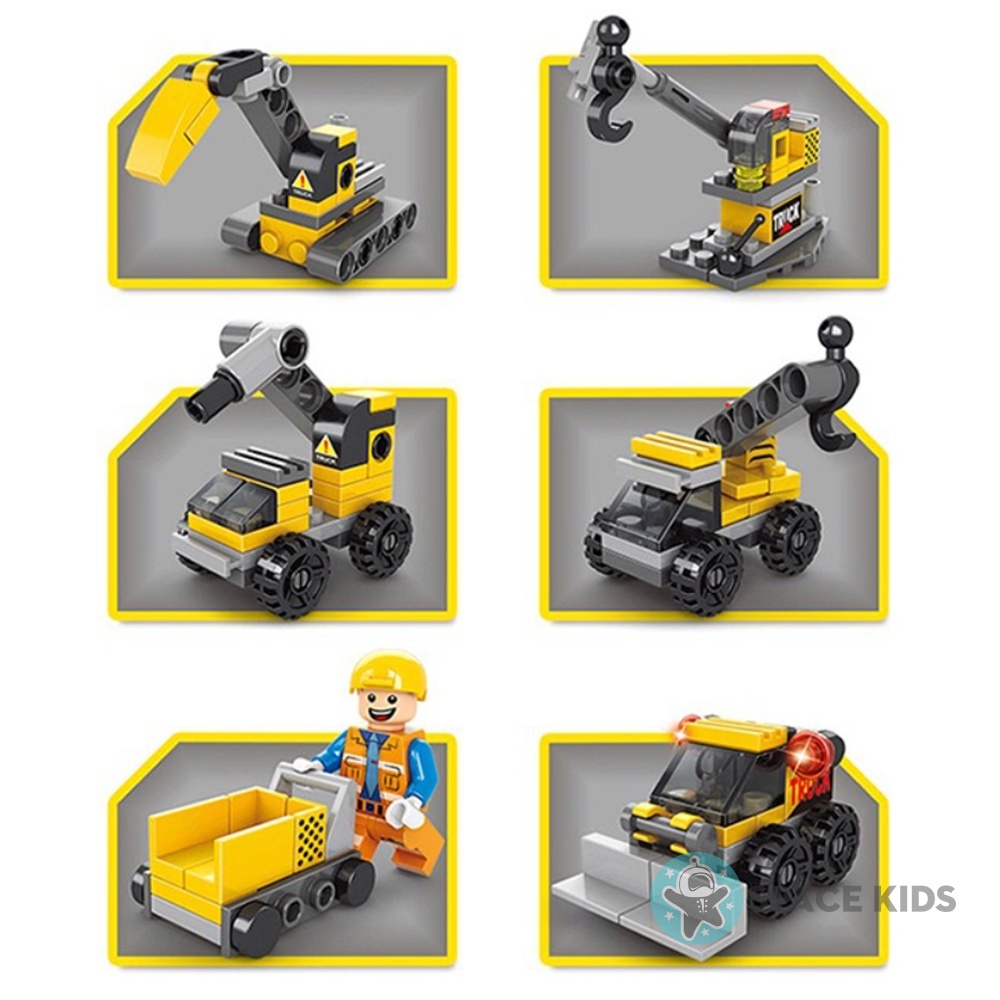 Đồ chơi mô hình lắp ráp 6 trong 1 mô hình xe cẩu Công trường 142 chi tiết cho bé