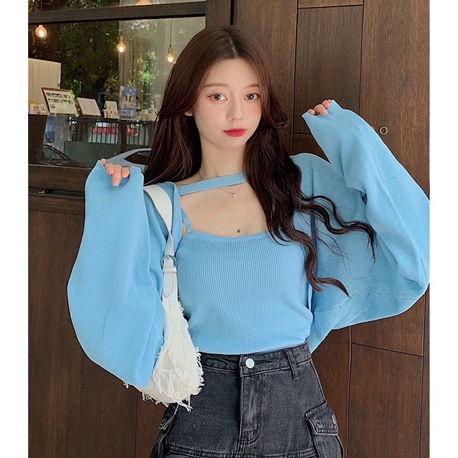 Set Áo Hai Dây + Áo Khoác Cardigan Dệt Kim Tay Dài Dáng Rộng Phong Cách Thời Trang Hàn Quốc