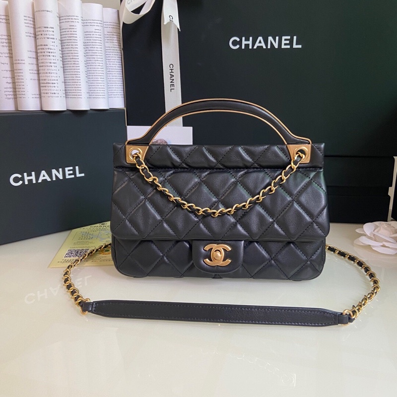 túi xách tay nữ quai bằng kim loại chống rỉ có túi phụ sau da mềm 𝘾𝙝𝙖𝙣𝙚𝙡 CN 𝘾𝙝𝙖𝙣𝙚𝙡