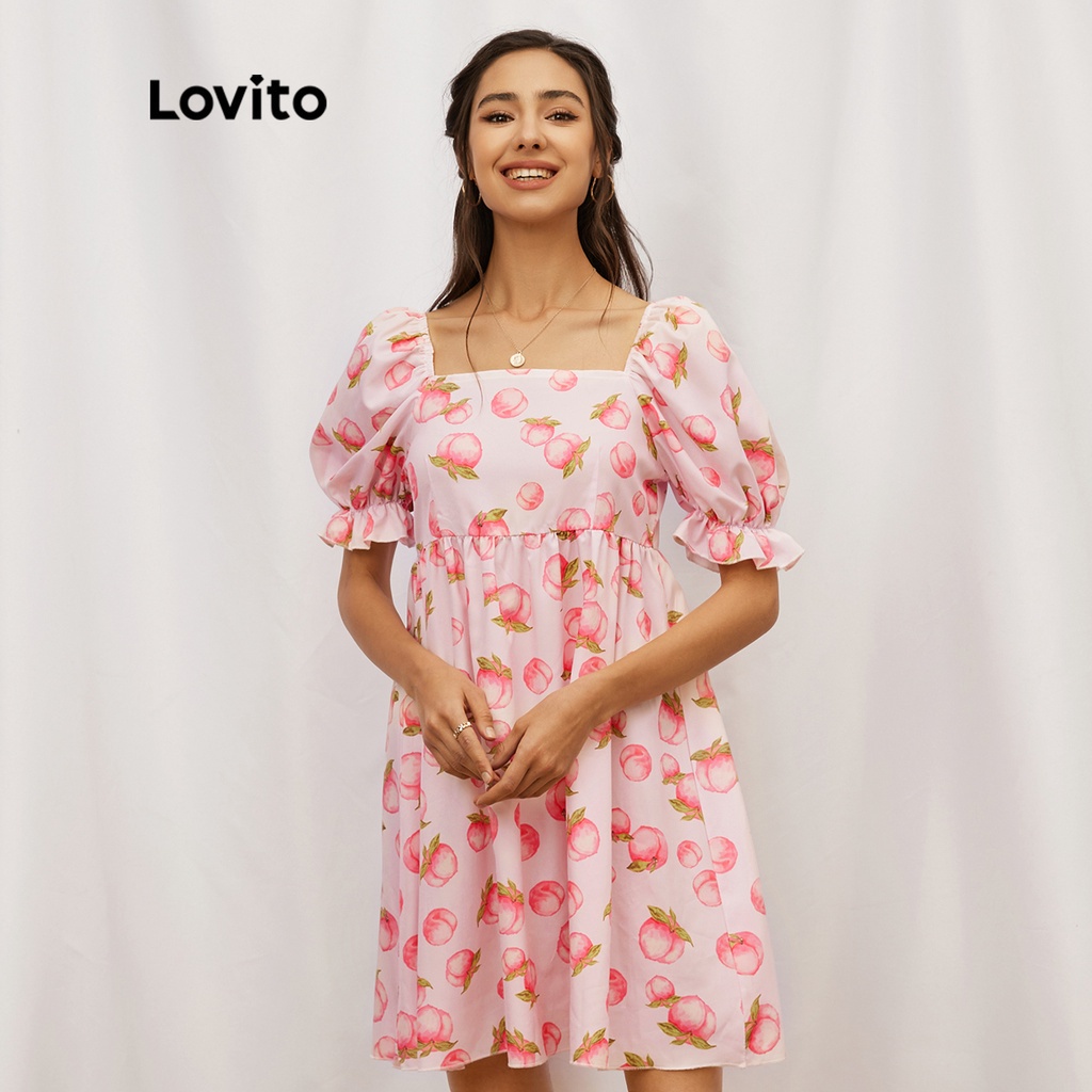 Đầm Lovito tay loe họa tiết trái cây phong cách dễ thương L19E26 (Màu hồng nhạt)