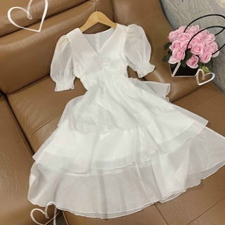 Đầm xoè tầng voan nhún ngực tay bồng trắng kèm ảnh thật