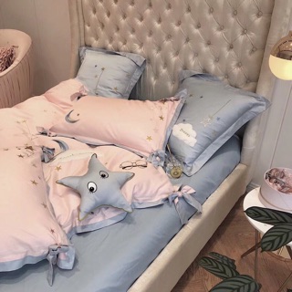Bộ chăn ga cưới lụa sao hồng 7 món