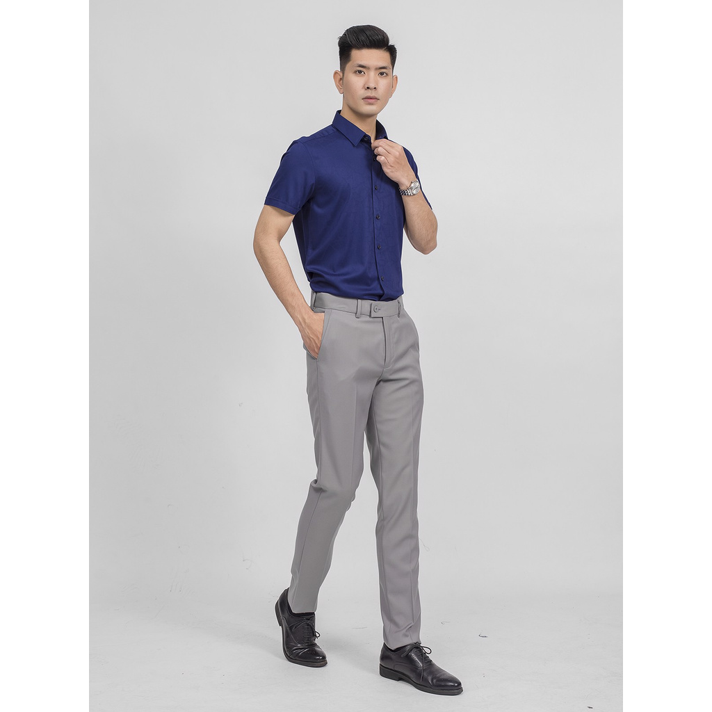 Áo Sơ Mi Nam Tay Ngắn Aristino ASS021S9 Màu Xanh Tím Than Solid Dáng Slim Fit Chất Liệu Sợi Sồi