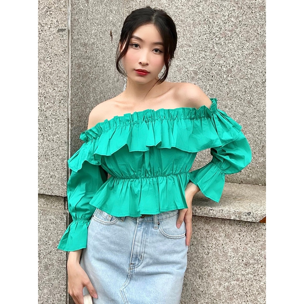 CARA Áo kiểu Ruffeled trễ vai tay dài nhẹ nhàng xinh xắn