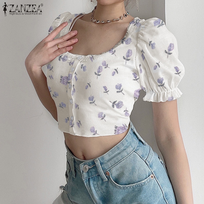 Áo ZANZEA tay phồng cổ chữ U thời trang thanh lịch cho nữ