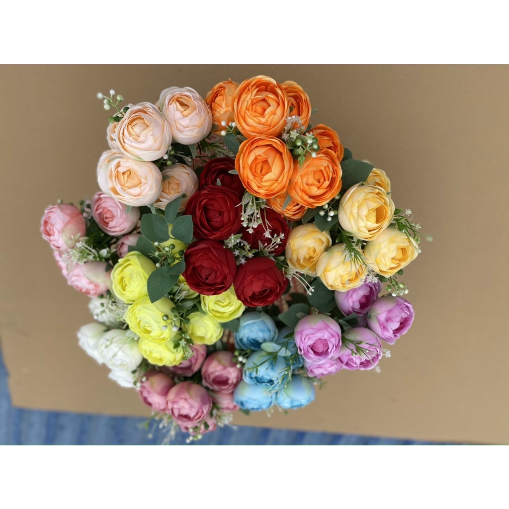 Cụm Hoa Hồng Trà Tứ Quý Cao Cấp , Hàng Đẹp 7 Bông Kèm Điểm - HOA GIẢ,HOA LỤA.