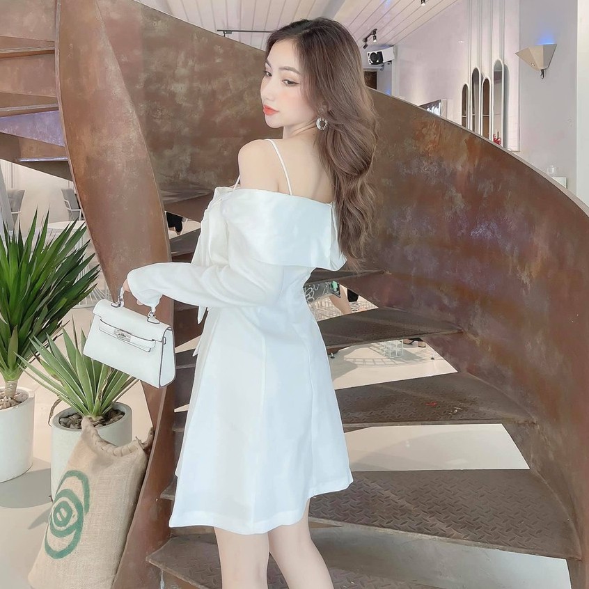 [Hàng thiết kế cao cấp] Đầm xòe trễ vai phối nơ màu trắng - Đen sang trọng váy dự tiệc dạo chơi | BigBuy360 - bigbuy360.vn