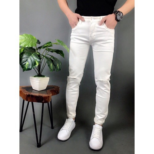 quần jean nam đen trắng co giãn rách gối(tặng kèm khẩu trang su 3D) phong cách cá tính | BigBuy360 - bigbuy360.vn